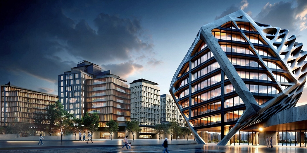 Futuristic architectural visualization of modern cityscape with innovative glass and concrete buildings at sunset