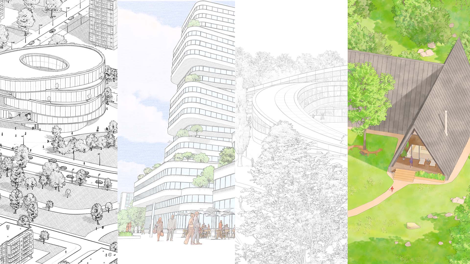 Four architectural Enscape renders in Artistic Modes showing sketch and watercolor effects.