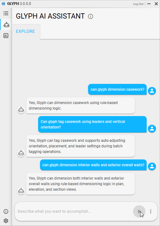 Interface of Chaos Glyph AI Assistant chat providing technical answers about dimensioning casework and tagging with leaders.