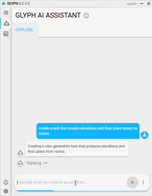 Chaos Glyph AI Assistant interface processing a request to create room-based elevations and floor plans.